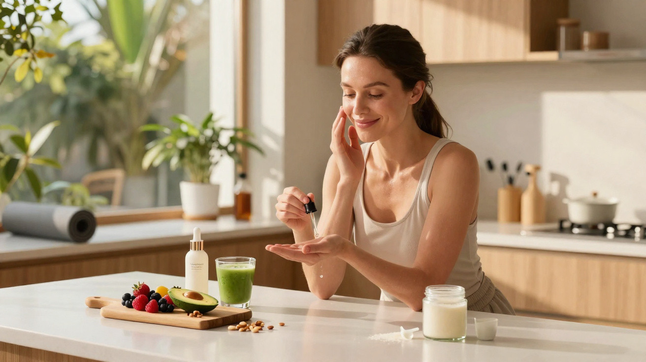 Mulher aplicando sérum facial na cozinha com frutas, suco verde e creme sobre a bancada.