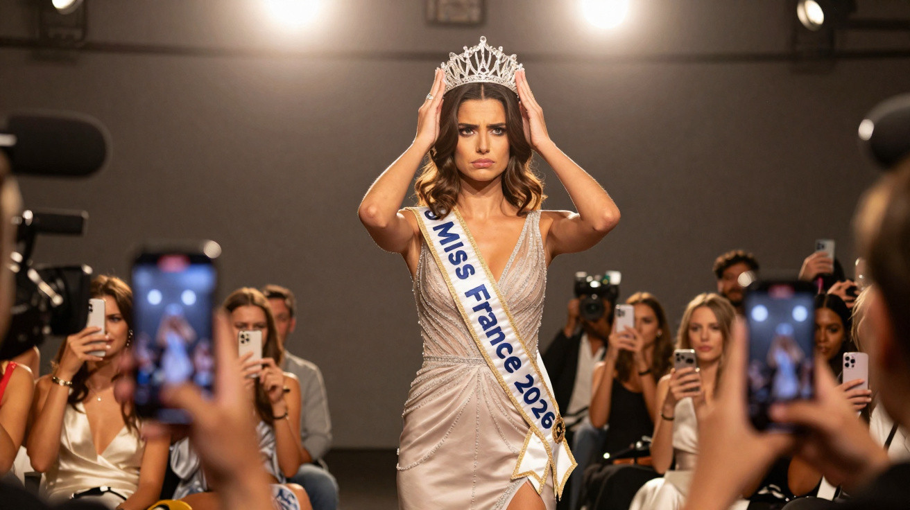 Mulher com faixa de Miss France 2026 coloca coroa na cabeça durante evento com público e fotógrafos ao redor.