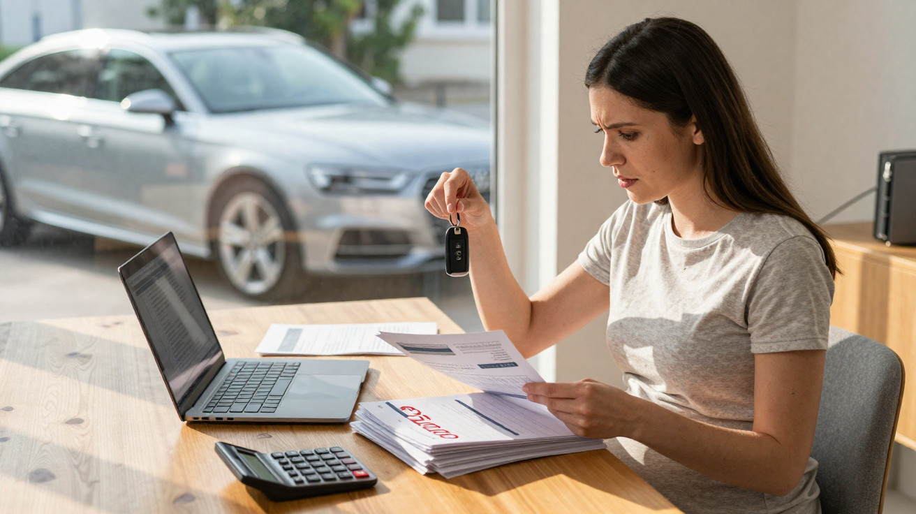 Mulher segurando chave de carro e analisando documentos em mesa com laptop e calculadora, carro estacionado ao fundo.