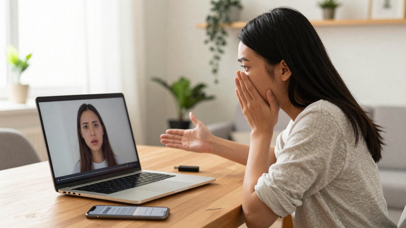 Mulher surpresa em videochamada no laptop em uma mesa de madeira com celular ao lado.
