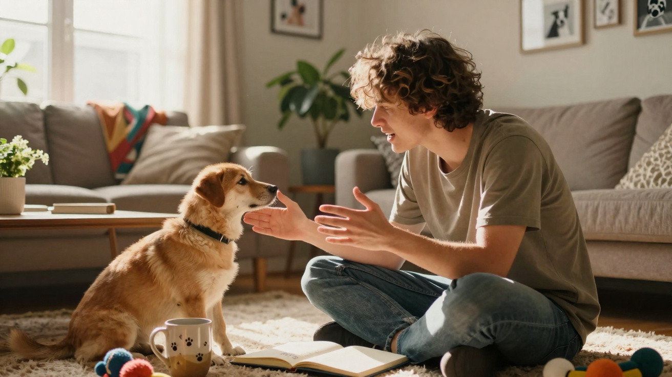 Jovem sentado no tapete ensina truque para cachorro em sala de estar iluminada e aconchegante.