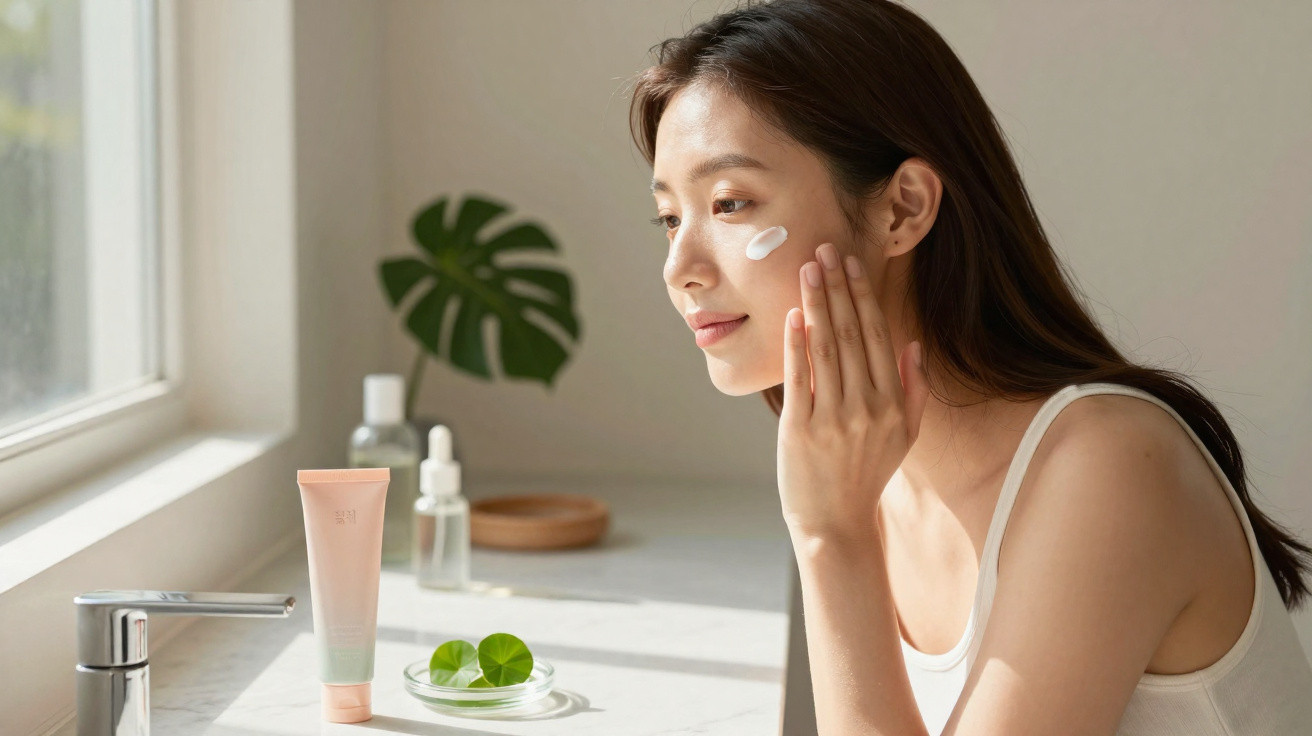 Mulher aplicando creme facial, perto da pia em ambiente iluminado com planta e cosméticos ao fundo.