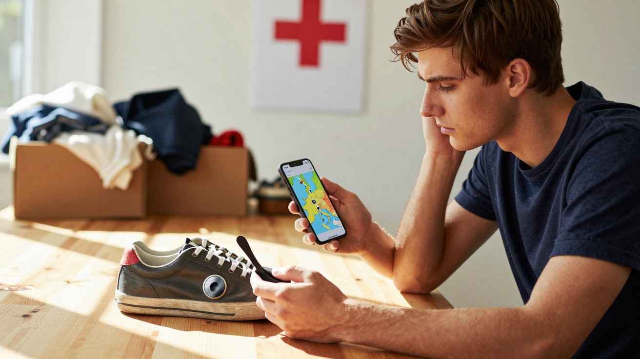 Homem lendo informações em smartphone sobre tênis com dispositivo tecnológico em cima da mesa de madeira.