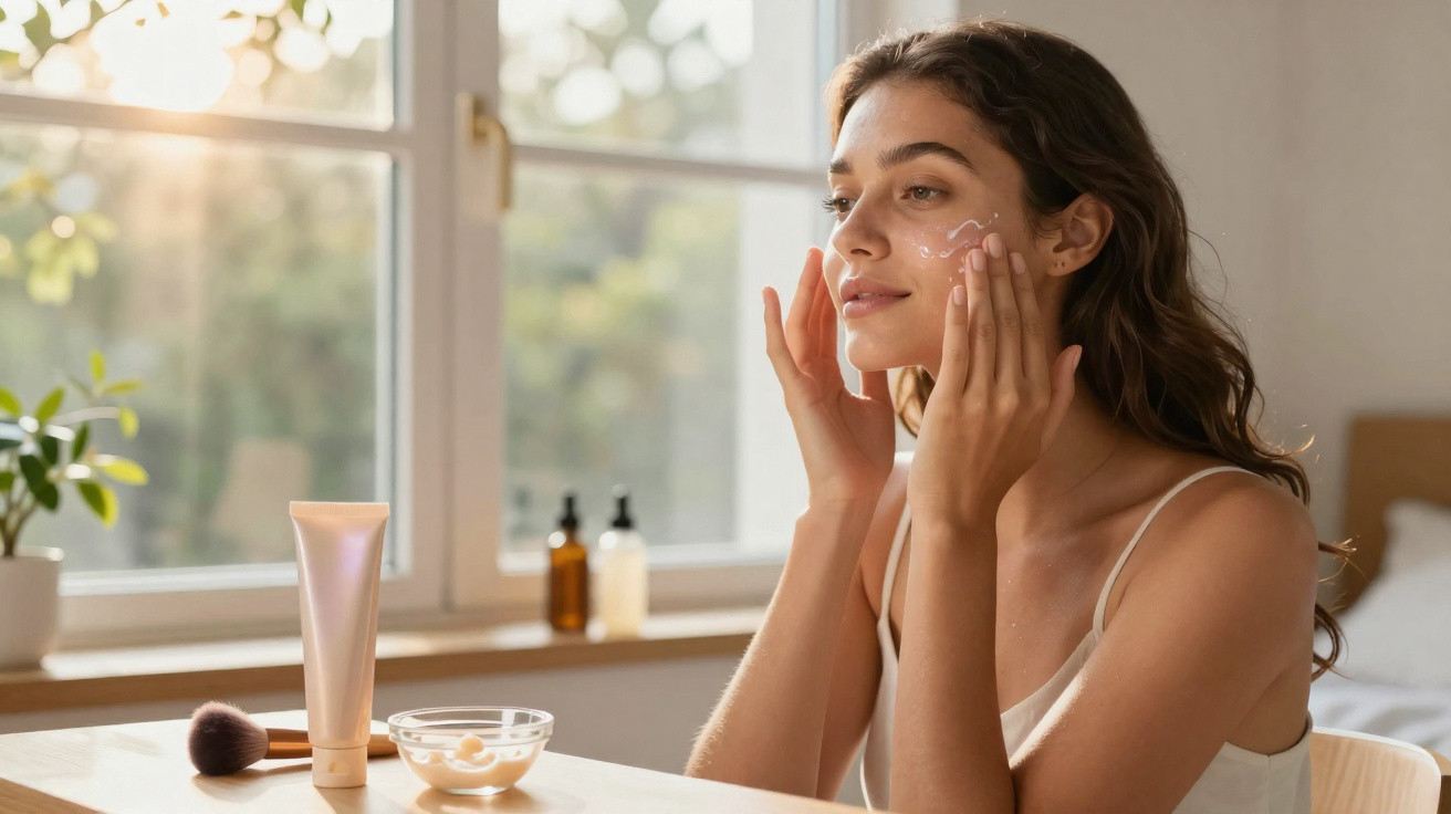 Mulher aplicando creme facial branca em ambiente iluminado próximo à janela durante o dia.