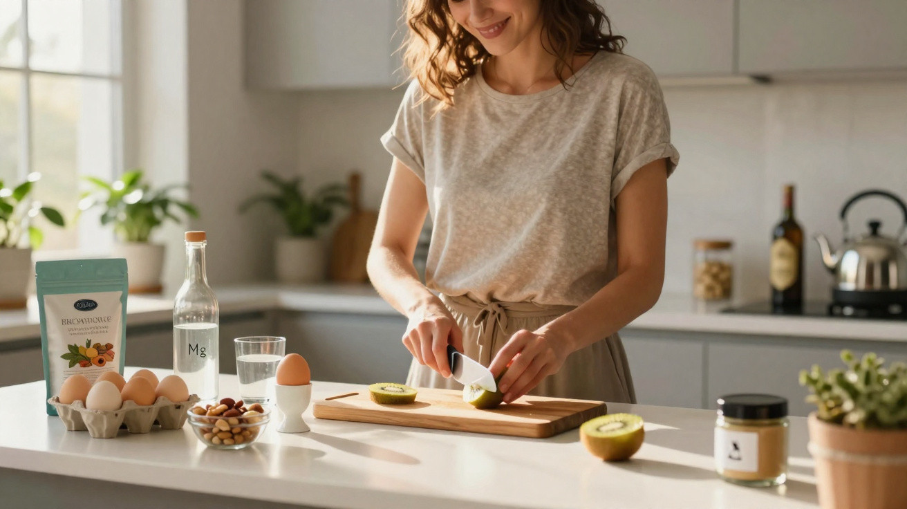 Mulher sorrindo corta kiwi na cozinha clara com ovos, jarra d’água e sementes na bancada.