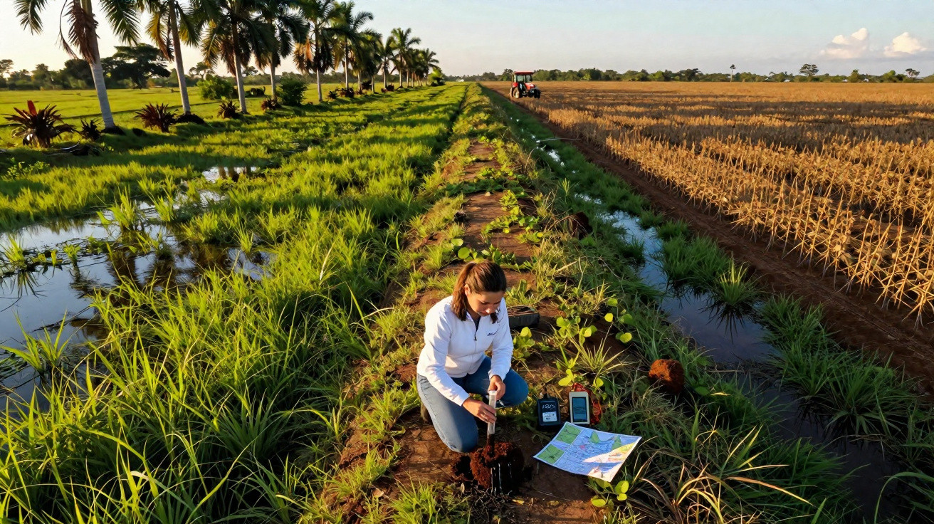 Mulher agachada em plantação medindo a qualidade do solo com equipamentos e mapa ao redor.
