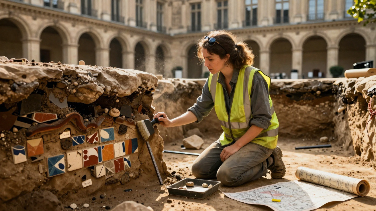 Mulher arqueóloga com colete refletivo escavando e examinando artefatos em sítio arqueológico histórico.