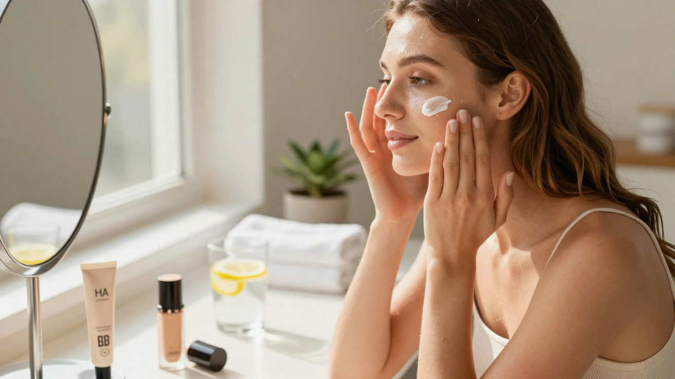 Mulher aplicando creme no rosto sentada à mesa com espelho e produtos de beleza ao redor.