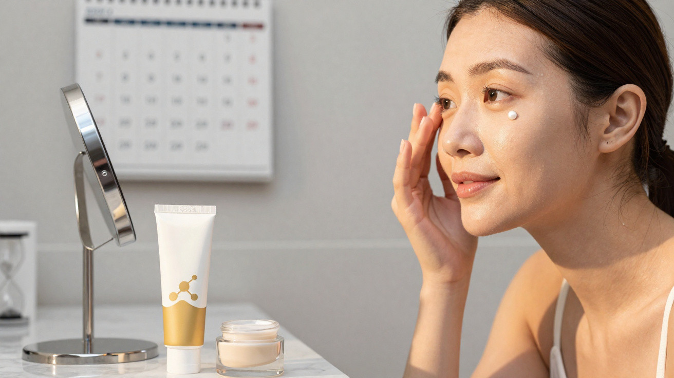 Mulher aplicando creme facial perto de espelho com produtos de skincare sobre bancada.