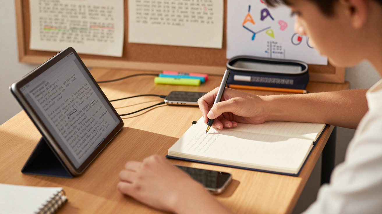 Criança estudando com tablet, caderno e caneta em mesa organizada com materiais escolares.