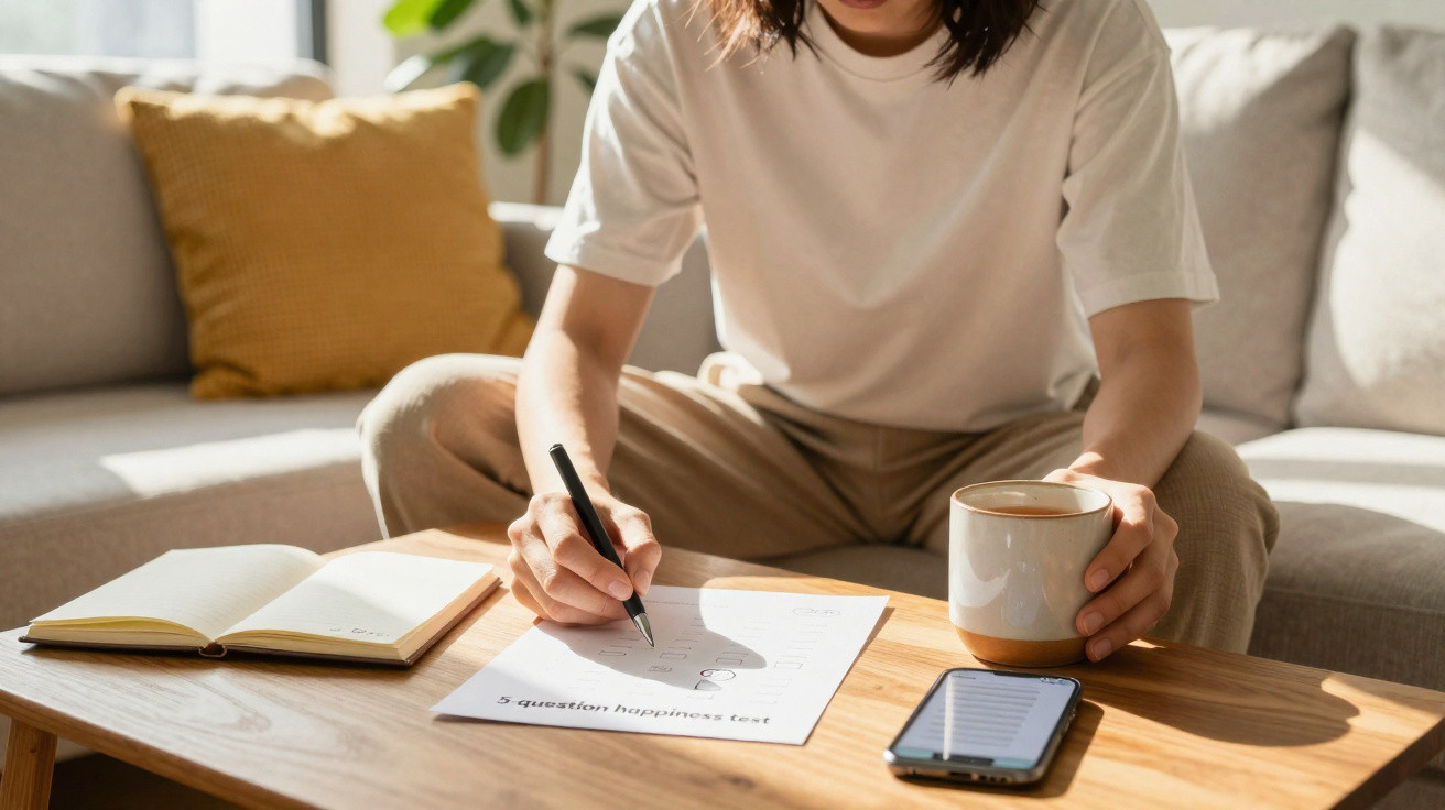 Pessoa respondendo teste de felicidade com caneca, celular e caderno sobre mesa de madeira clara.