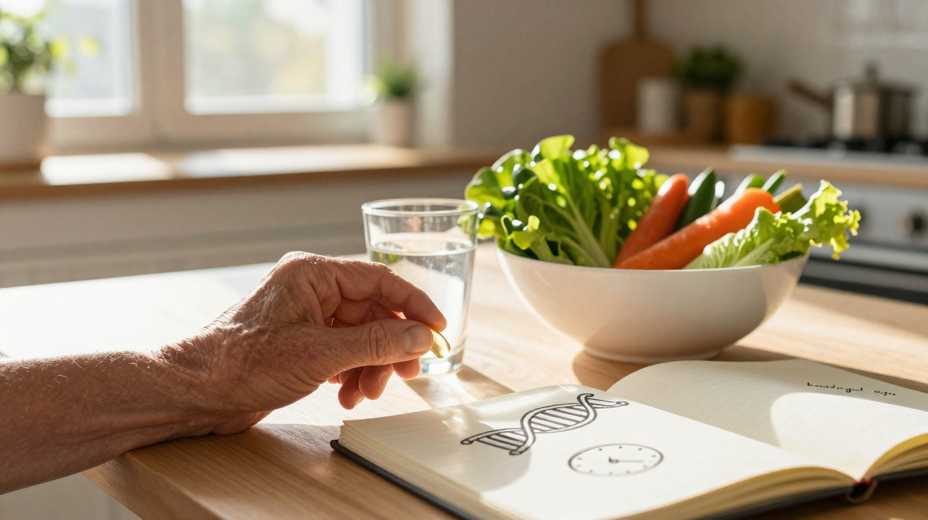 Mão de idoso segurando cápsula de remédio ao lado de copo d'água, livro aberto e tigela com legumes na cozinha.