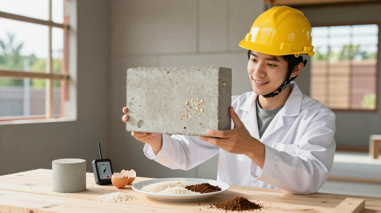 Homem com capacete amarelo segura bloco de concreto em laboratório de construção.