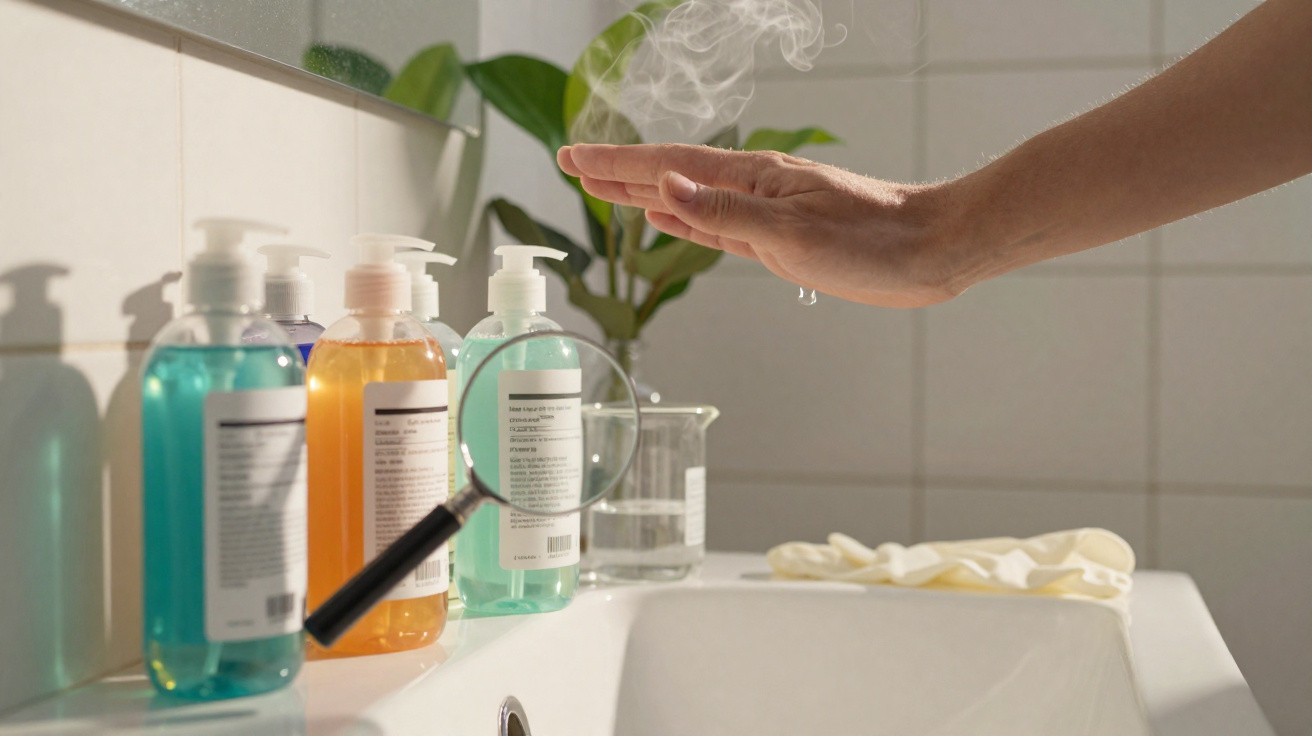 Mão segurando sobre sabonete líquido em dispenser sobre pia, com vapor visível e lupa focando rótulo.