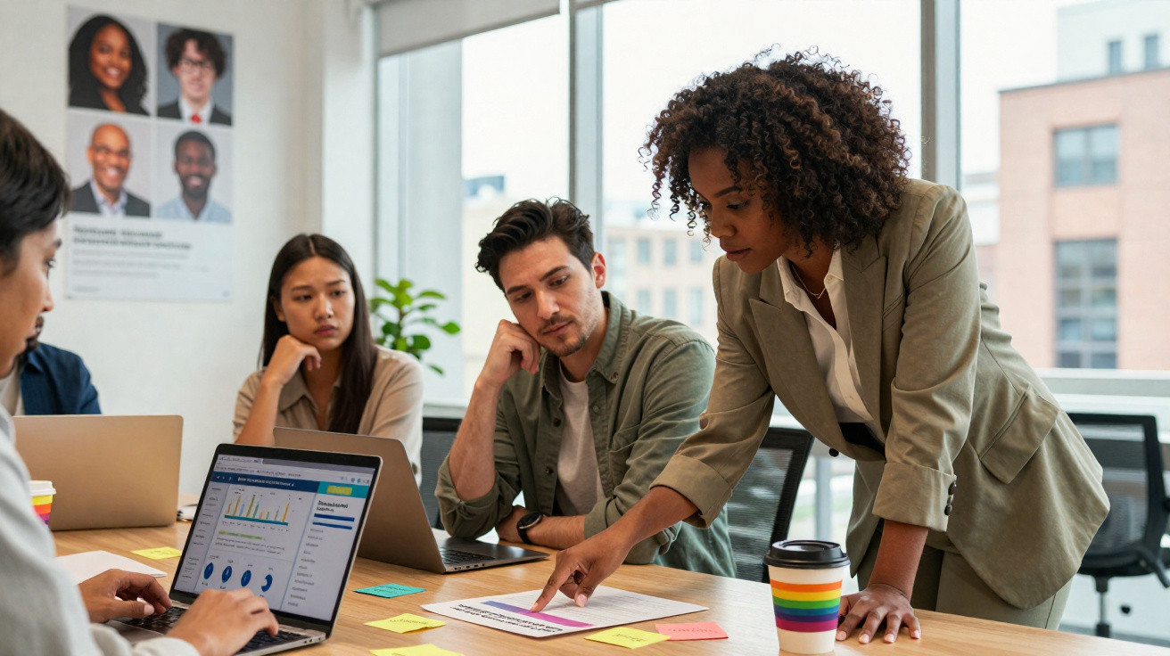 Equipe multicultural em reunião de trabalho analisando gráficos e documentos em mesa de escritório.