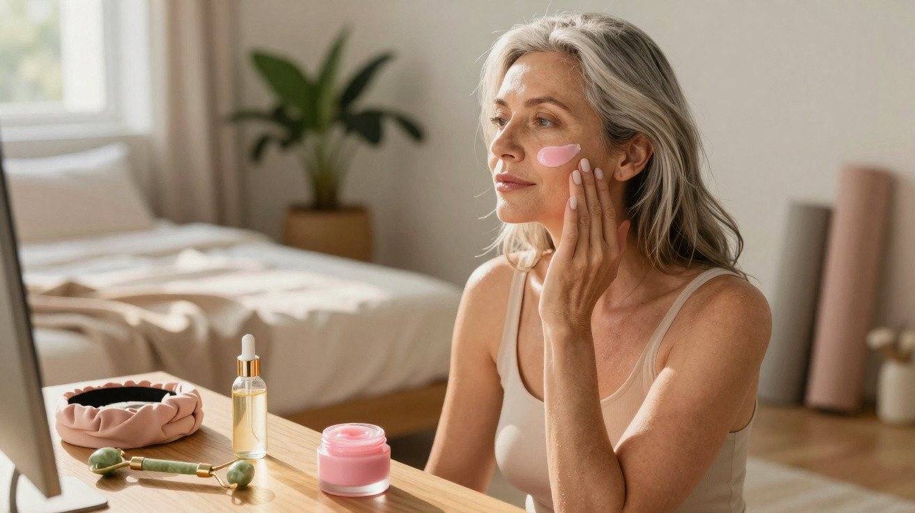Mulher madura aplicando creme facial rosa, sentada à mesa em quarto iluminado e decorado.
