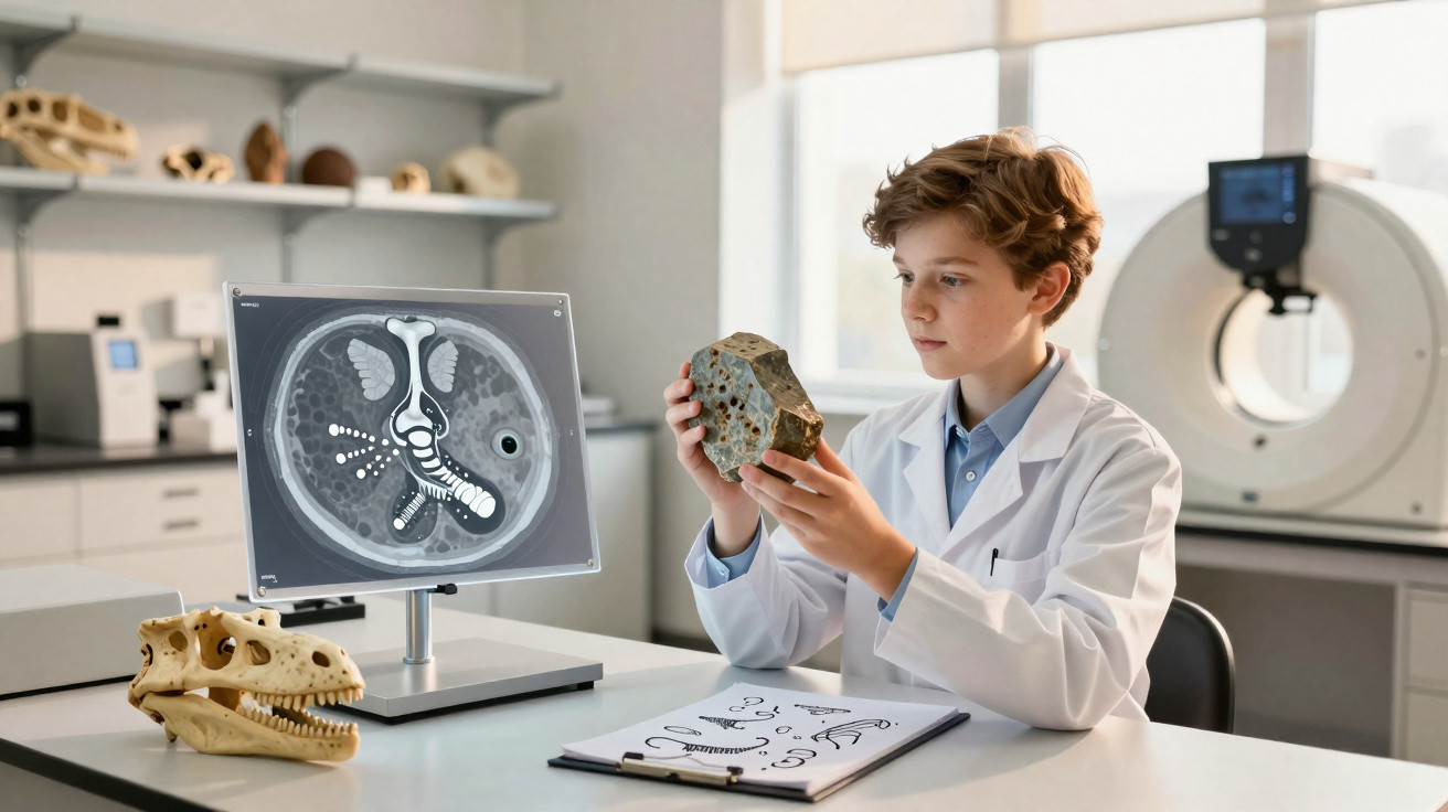 Criança em jaleco analisando fósseis em laboratório com raio-x e crânio de dinossauro na mesa.