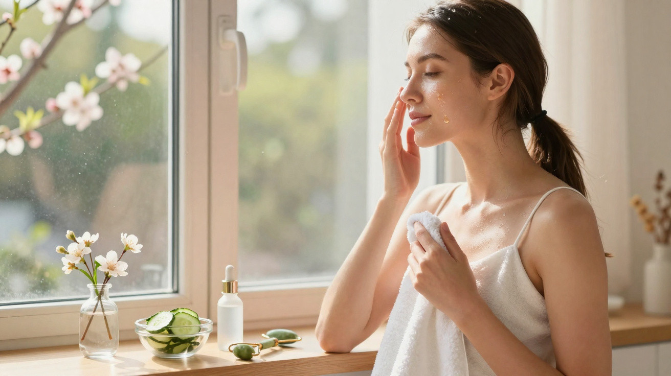 Mulher aplicando creme no rosto com toalha branca ao lado de janela ensolarada e itens de skincare.