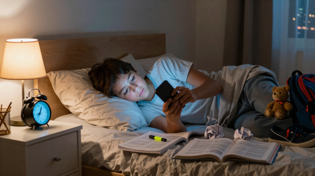 Menino deitado na cama à noite, olhando para o celular com livros e caderno abertos ao redor.