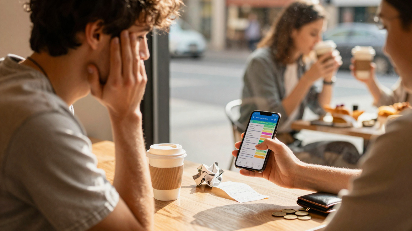 Duas pessoas em café, uma segura smartphone mostrando aplicativo, outra olha pensativa, com copo de café na mesa.
