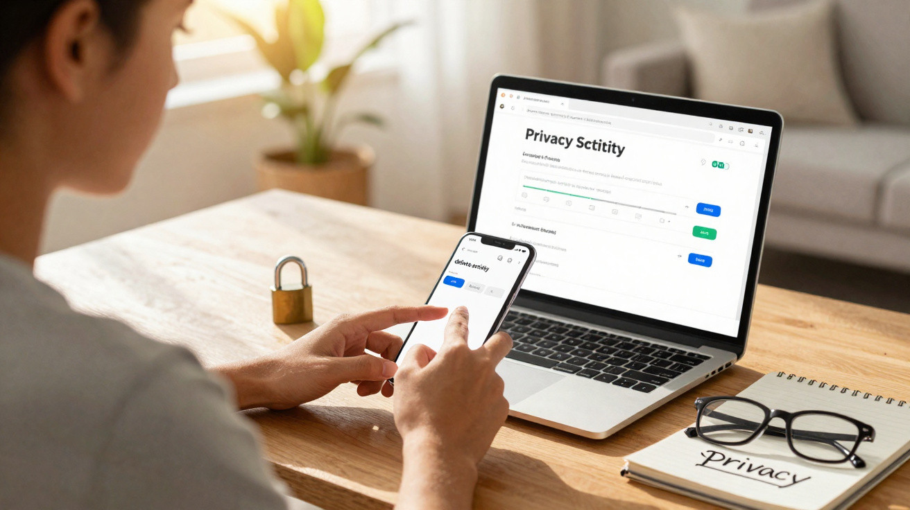Pessoa usando celular e notebook com tema de privacidade na tela, mesa com bloqueio e caderno.