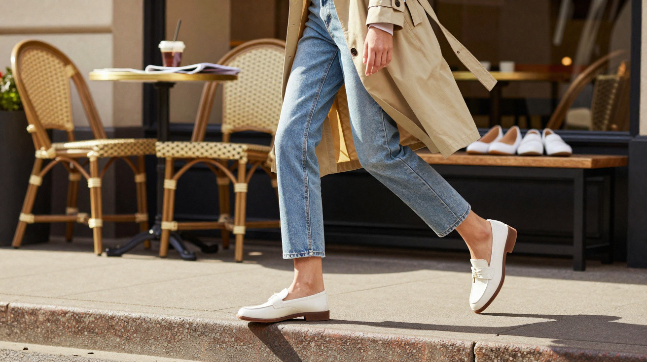 Pessoa usando trench coat e jeans caminhando em calçada com sapatos brancos tipo mocassim.