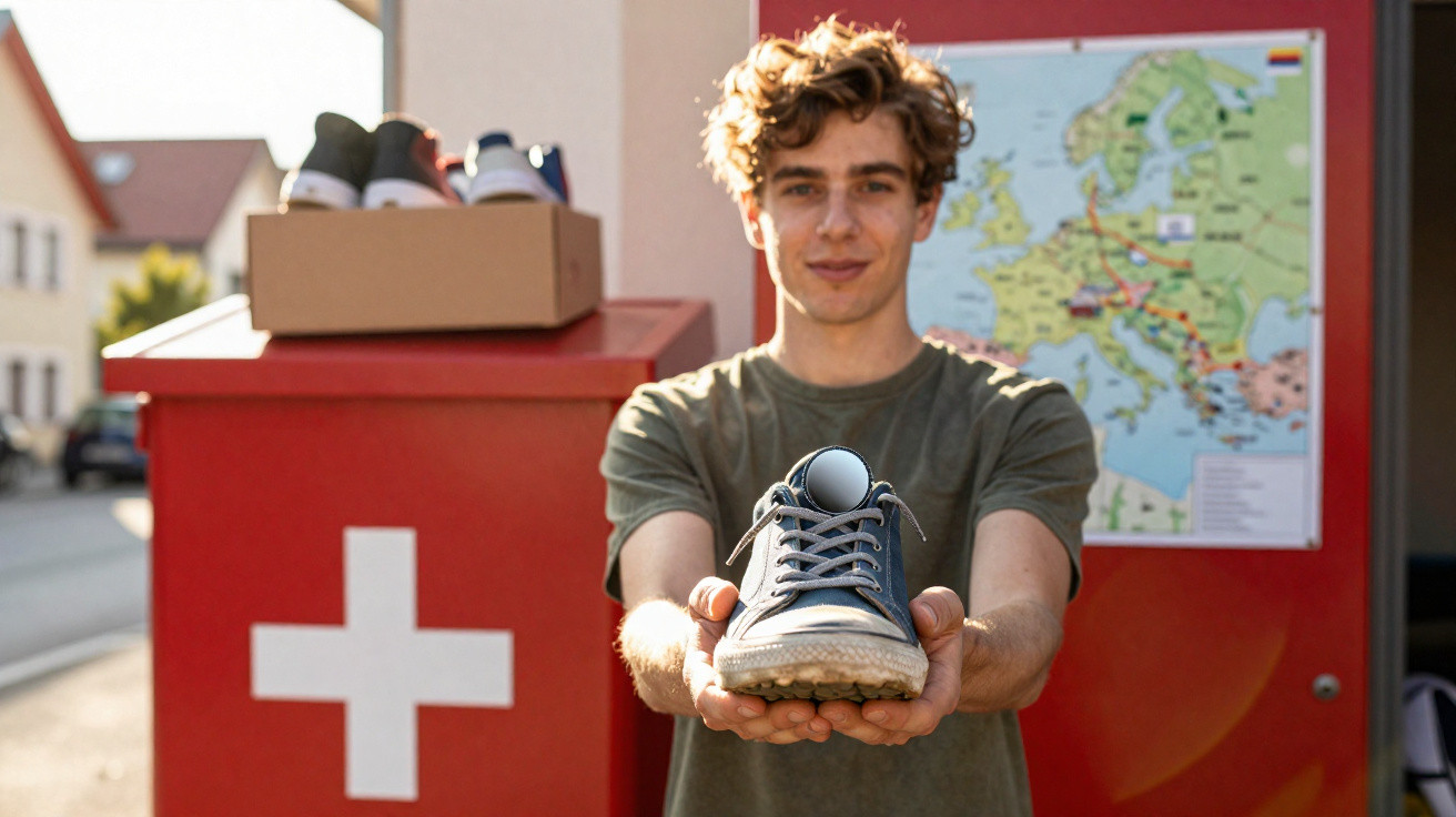 Jovem segurando um tênis azul apontado para a câmera com caixa de sapatos e mapa ao fundo.