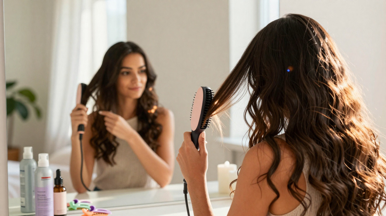 Mulher usando prancha de cabelo diante do espelho para alisar os fios ondulados em ambiente iluminado.