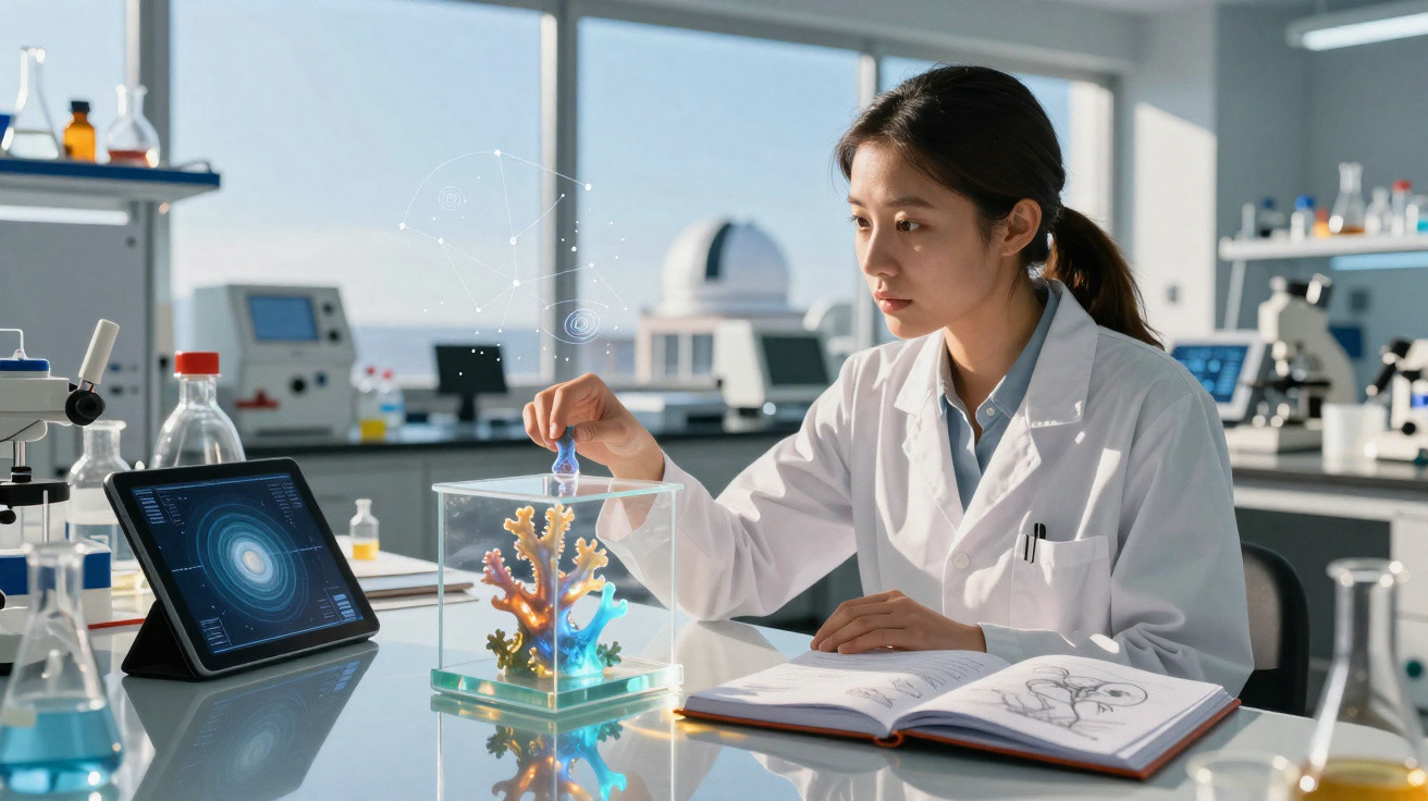 Mulher cientista em laboratório analisando coral em cubo transparente com tablet e livro aberto na mesa.