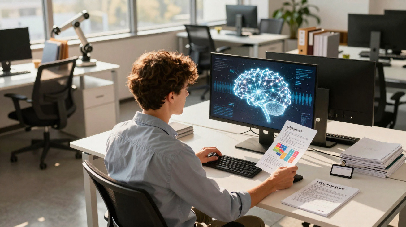 Homem analisando gráficos em papel sentado diante de computador com imagem digital de cérebro no escritório.