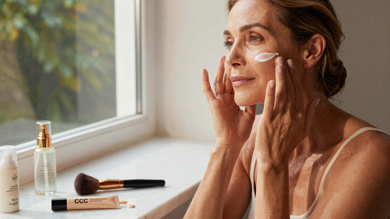 Mulher aplicando creme facial ao lado de janela com produtos de beleza sobre a bancada branca.