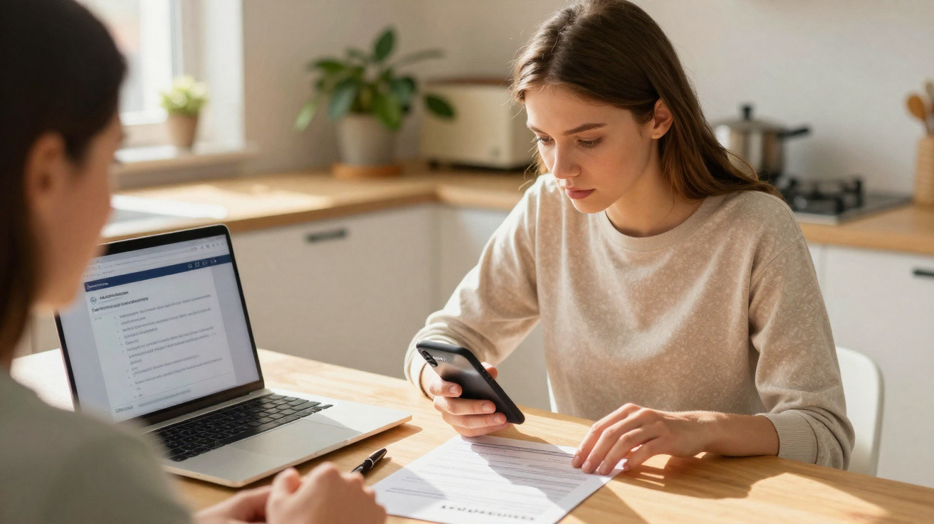 Duas mulheres sentadas à mesa, uma usando celular e lendo documento, outra olhando para laptop aberto.
