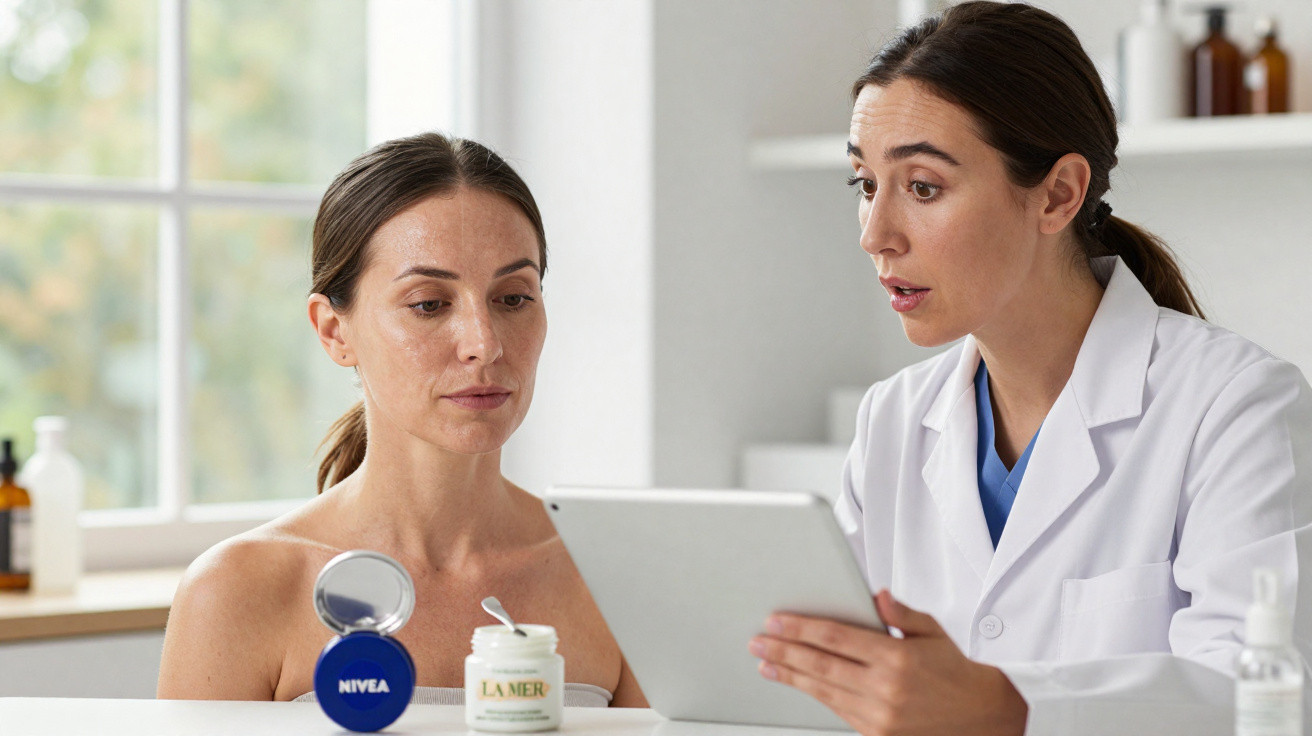 Mulher em consulta com dermatologista mostrando produtos de pele Nivea e La Mer em bancada branca.