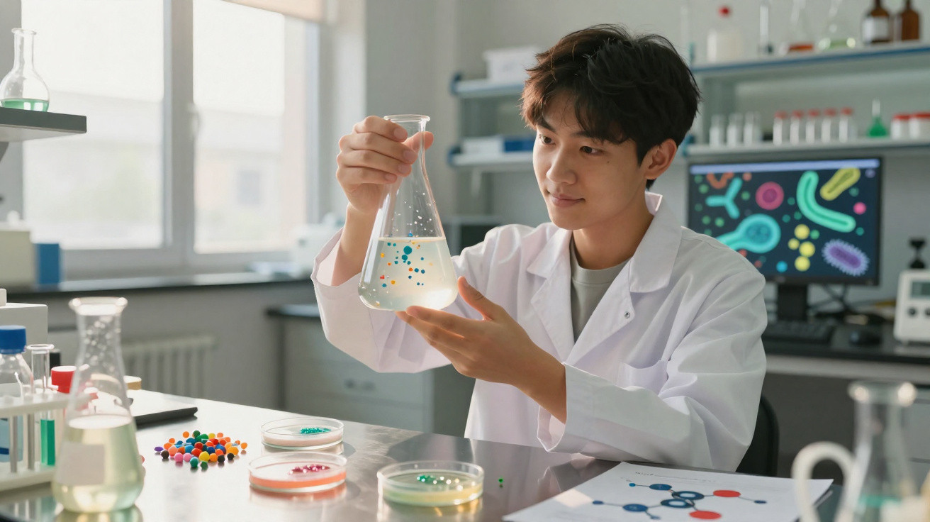 Jovem cientista em laboratório segurando frasco com líquido transparente e esferas coloridas.