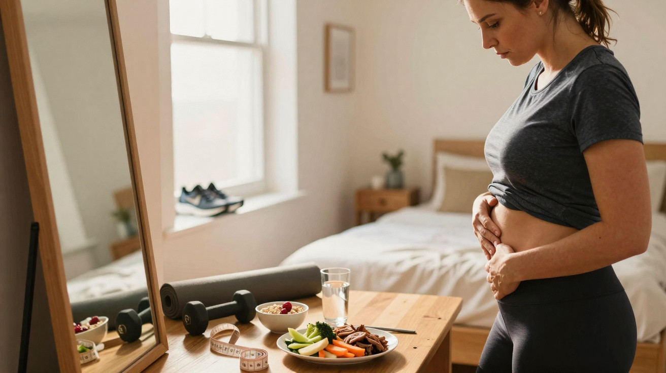 Mulher olhando para a barriga, em quarto, com pratos de comida saudável e halteres sobre a mesa.