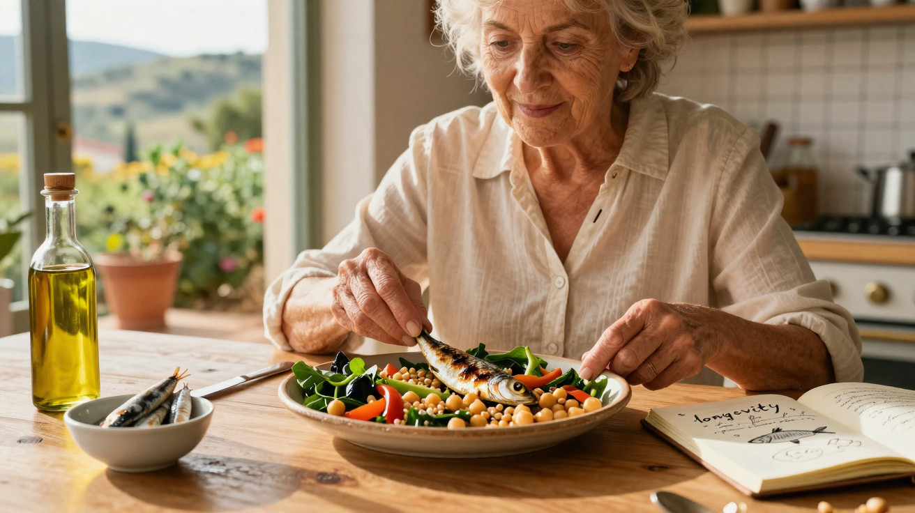 Mulher idosa na cozinha preparando salada com grão-de-bico, legumes e peixe grelhado.