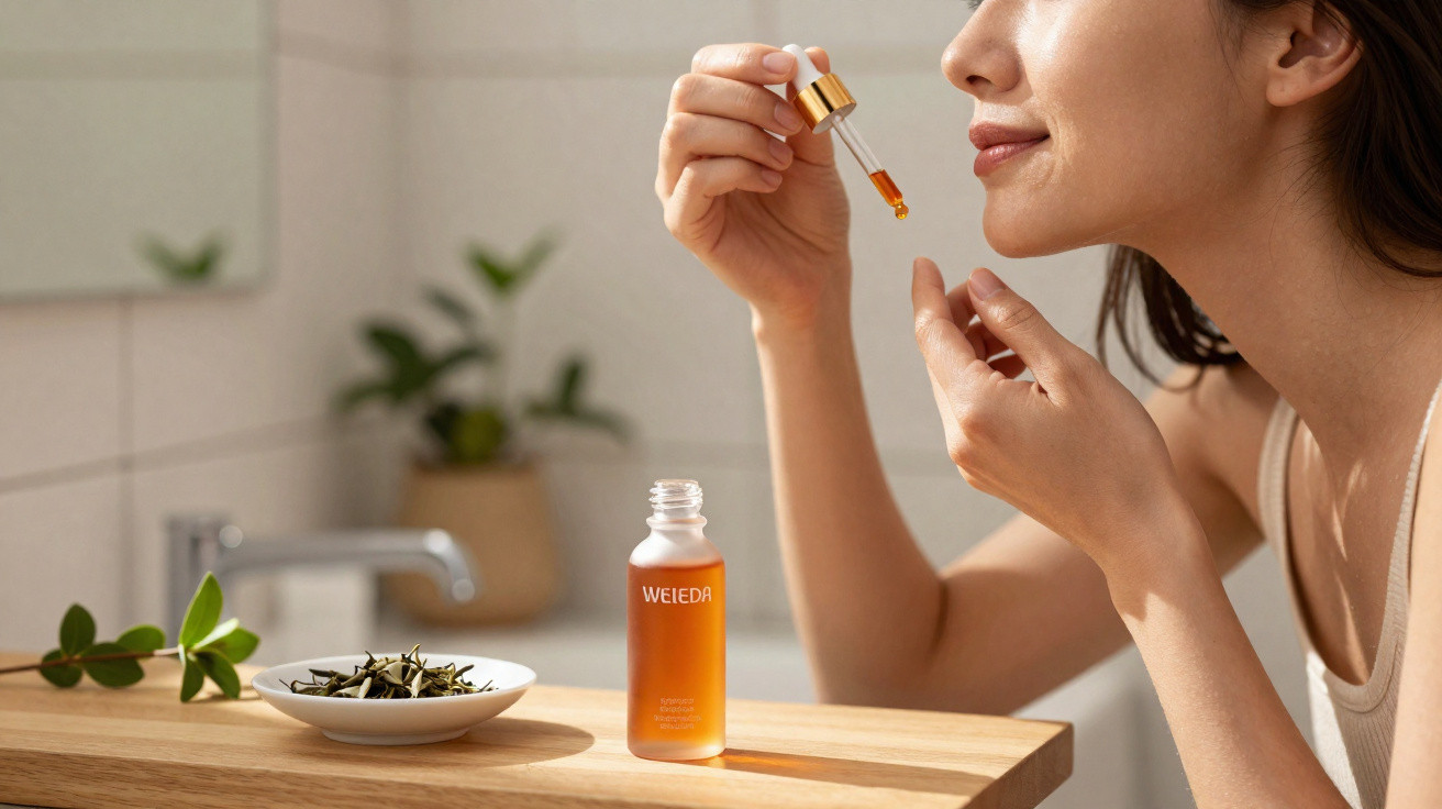 Mulher aplicando sérum facial com conta-gotas ao lado de frasco e planta em banheiro iluminado.