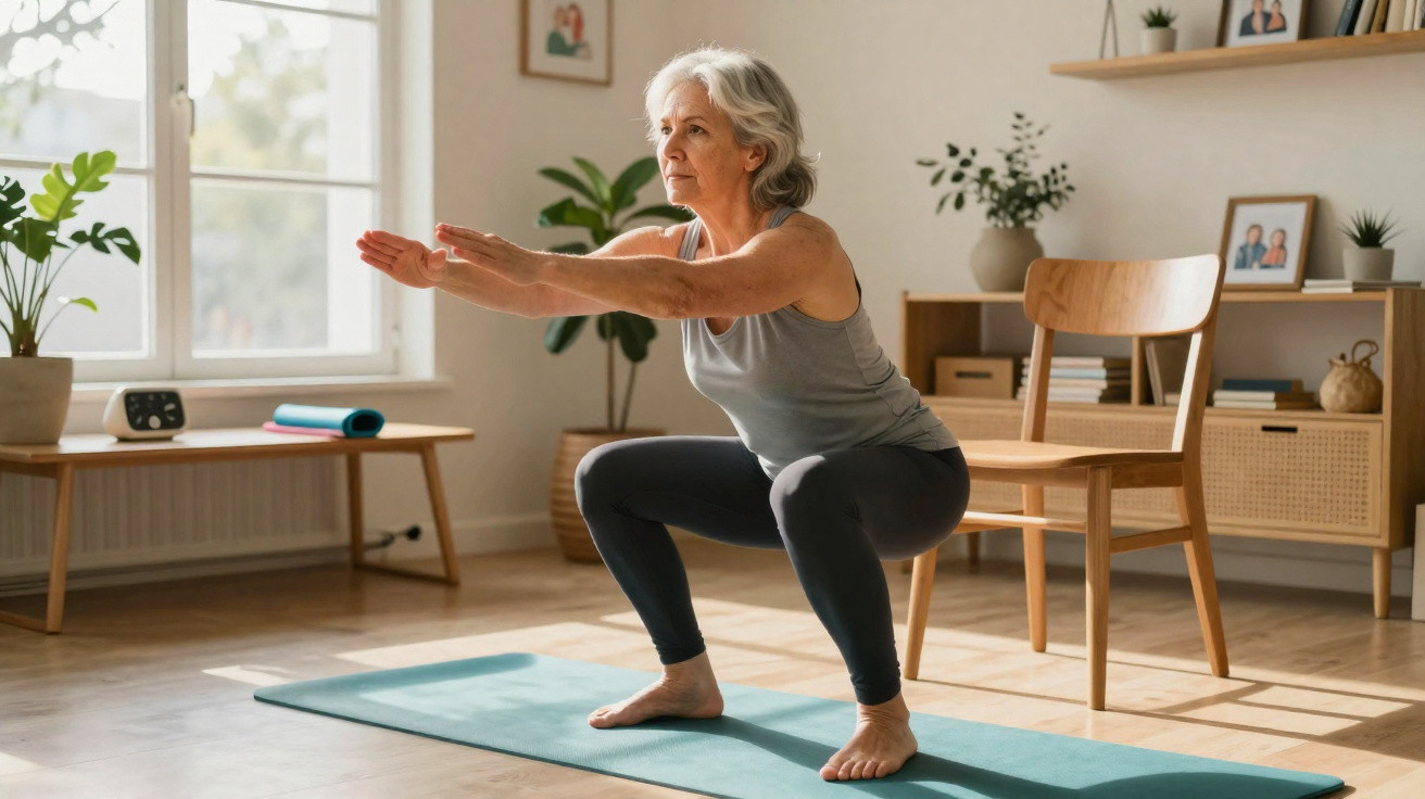Mulher idosa fazendo agachamento em tapete de yoga em sala iluminada e confortável.