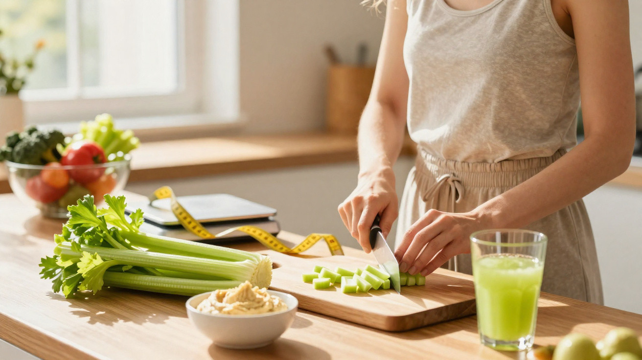 Pessoa cortando salsão em cubos em cozinha clara com suco verde, tigela de pasta e fita métrica na bancada.