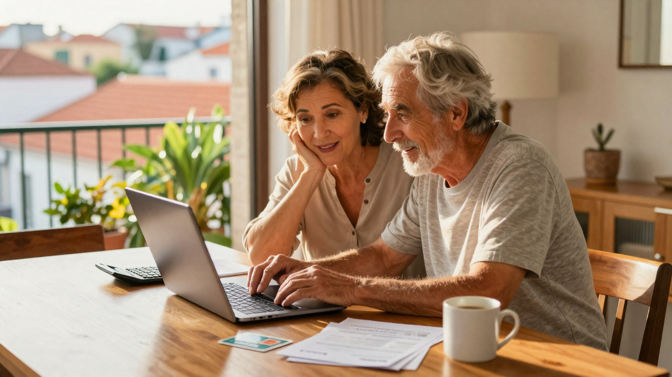 Casal idoso usando laptop e analisando documentos sentado à mesa em ambiente doméstico iluminado.