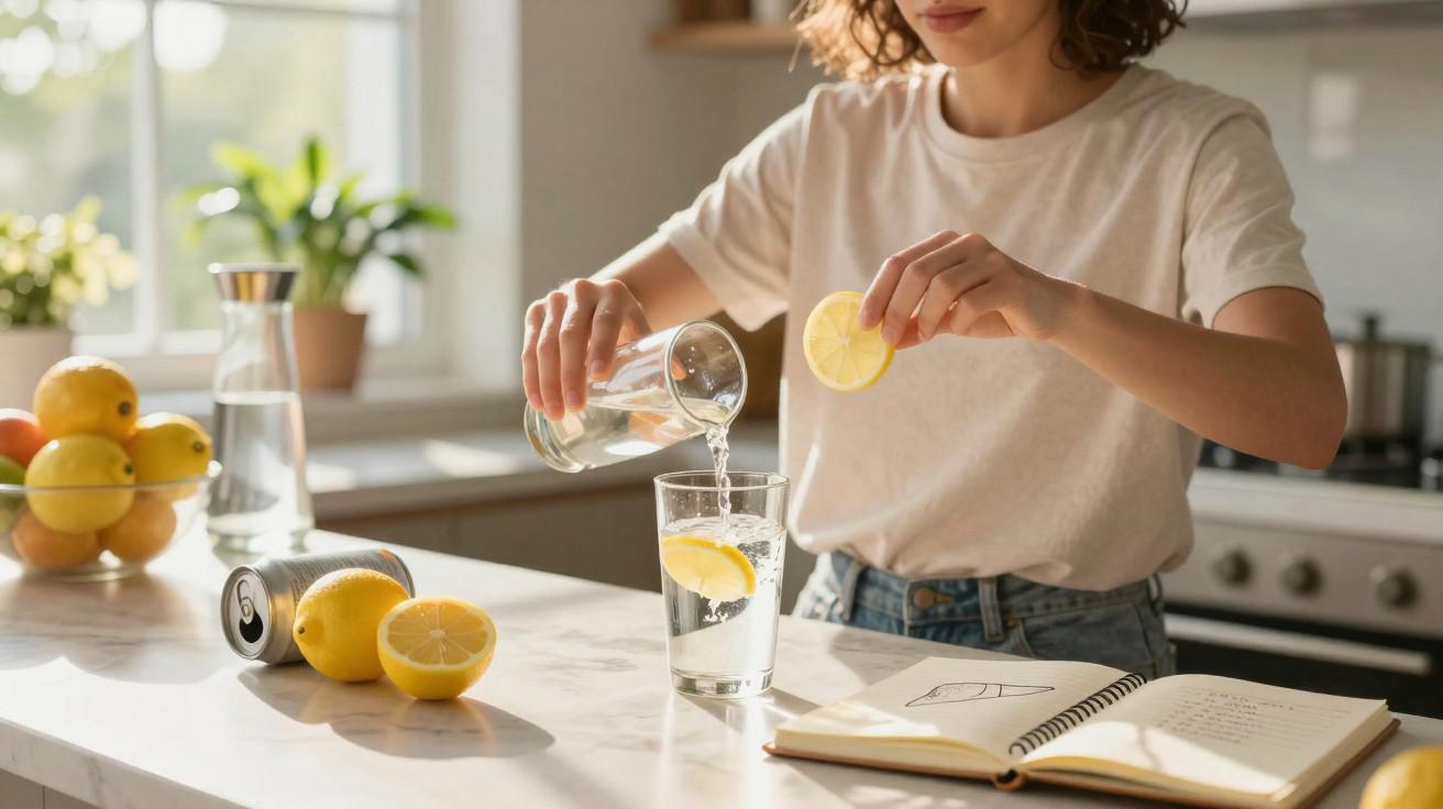 Mulher colocando fatia de limão em copo com água em cozinha iluminada, com frutas e caderno na mesa.