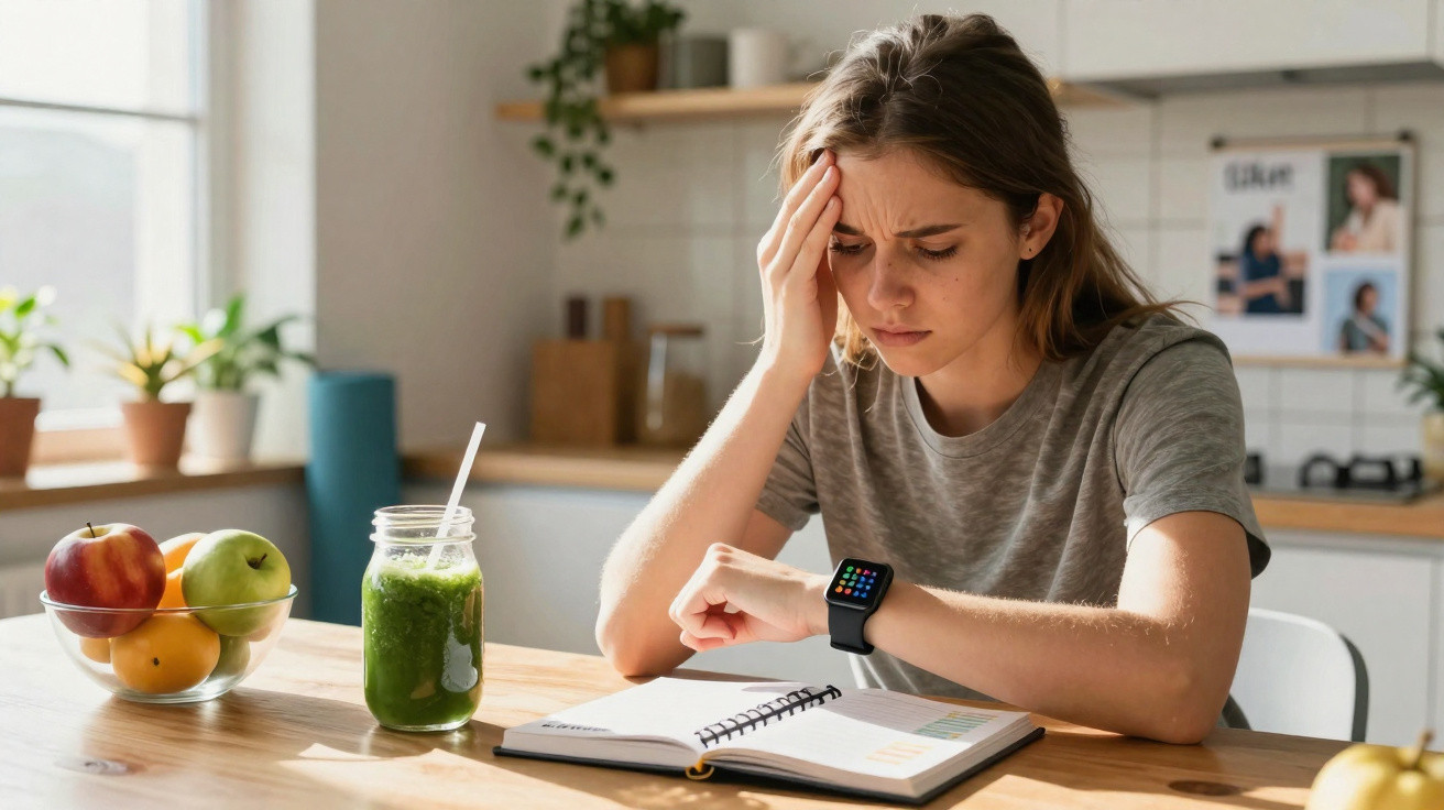Mulher preocupada olhando a hora no smartwatch enquanto consulta agenda em caderno na cozinha.