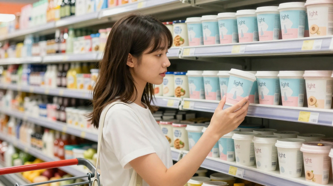 Mulher jovem analisando copo de iogurte na prateleira de supermercado, com carrinho ao lado.