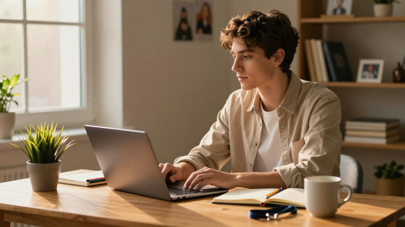 Jovem sentado à mesa trabalhando no laptop com caderno, caneta, planta e xícara em ambiente iluminado.