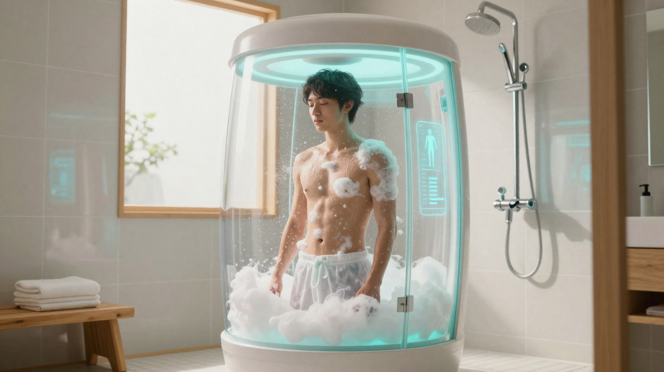 Homem em banho futurista de bolhas com luzes azuis dentro de cabine transparente em banheiro moderno.