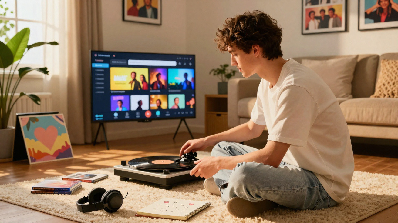 Jovem sentado no tapete de sala manuseia toca-discos, ao fundo TV ligada e fones perto de cadernos e CDs.
