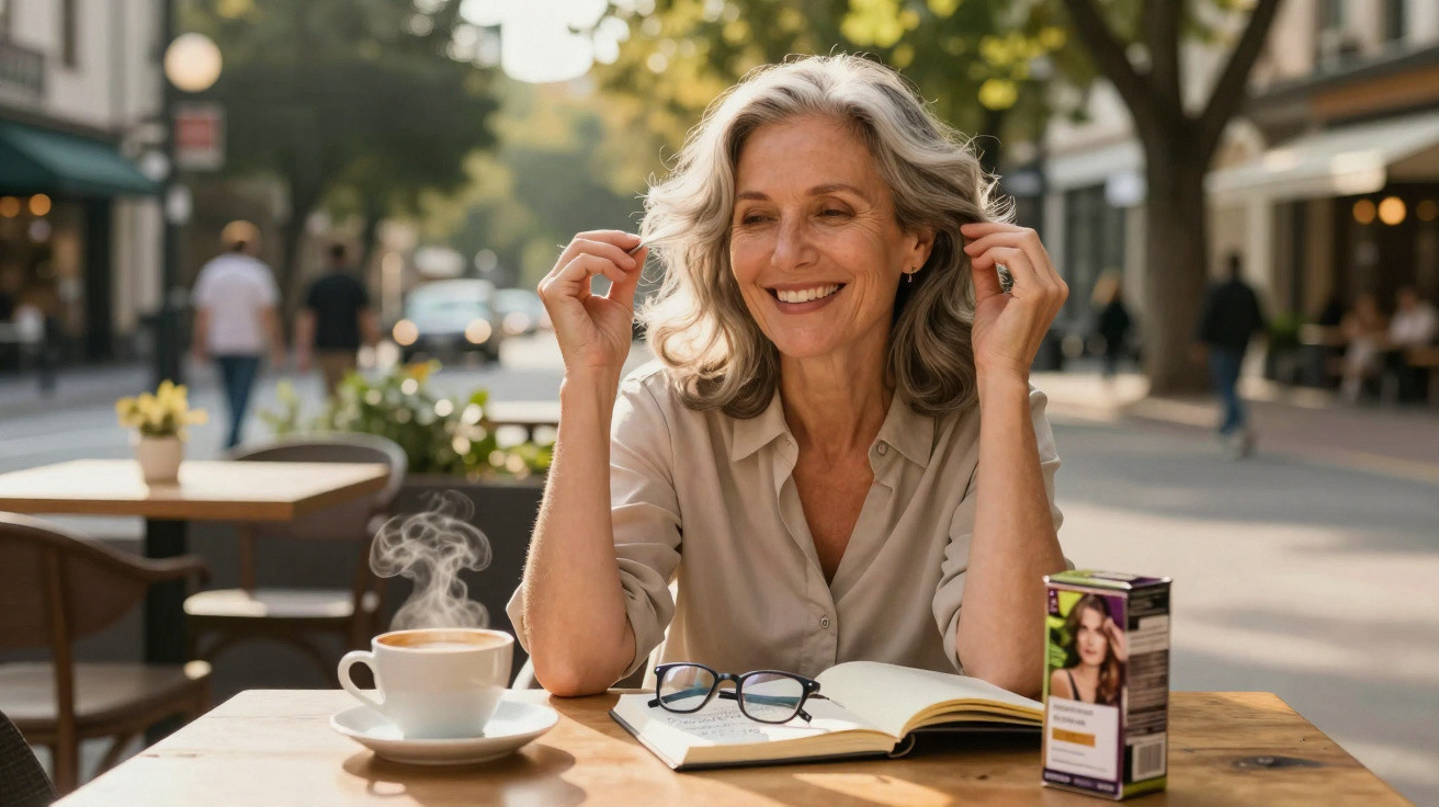 Mulher madura sorrindo sentada em mesa de café ao ar livre com livro, óculos e bebida quente.