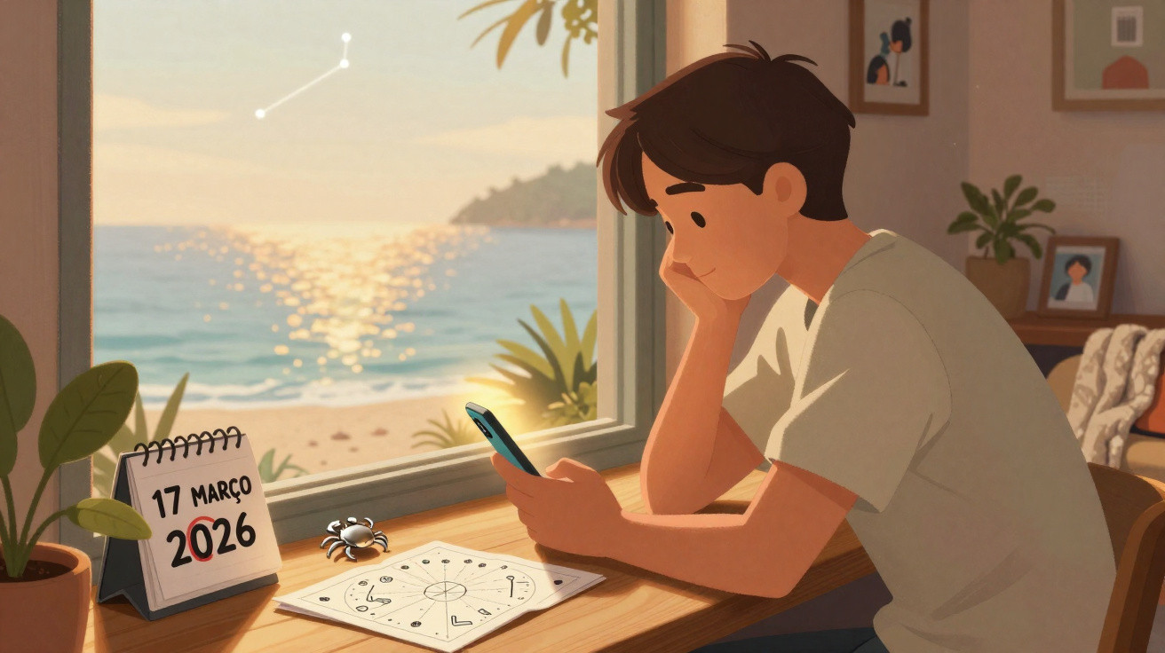 Jovem olha o celular sentado na mesa com calendário, desenhos e vista para o mar ao pôr do sol.