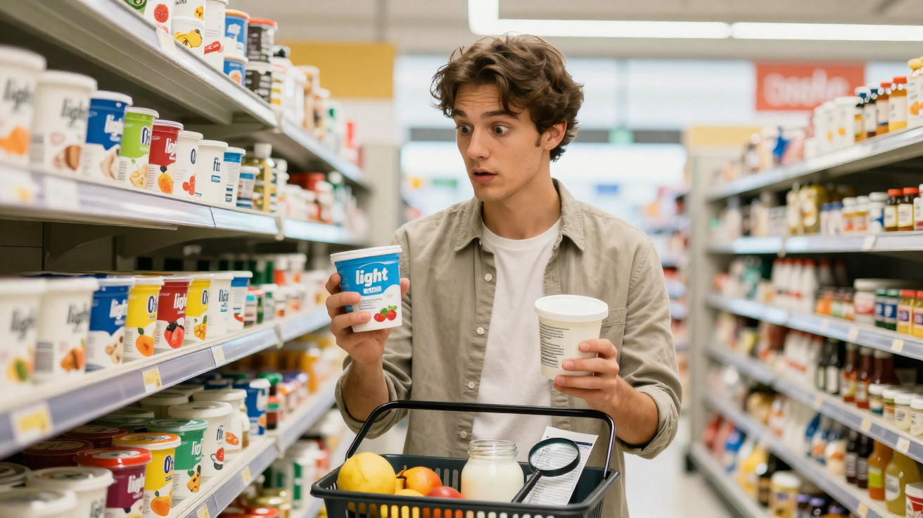 Jovem em corredor de supermercado comparando potes de iogurte com expressão de dúvida.