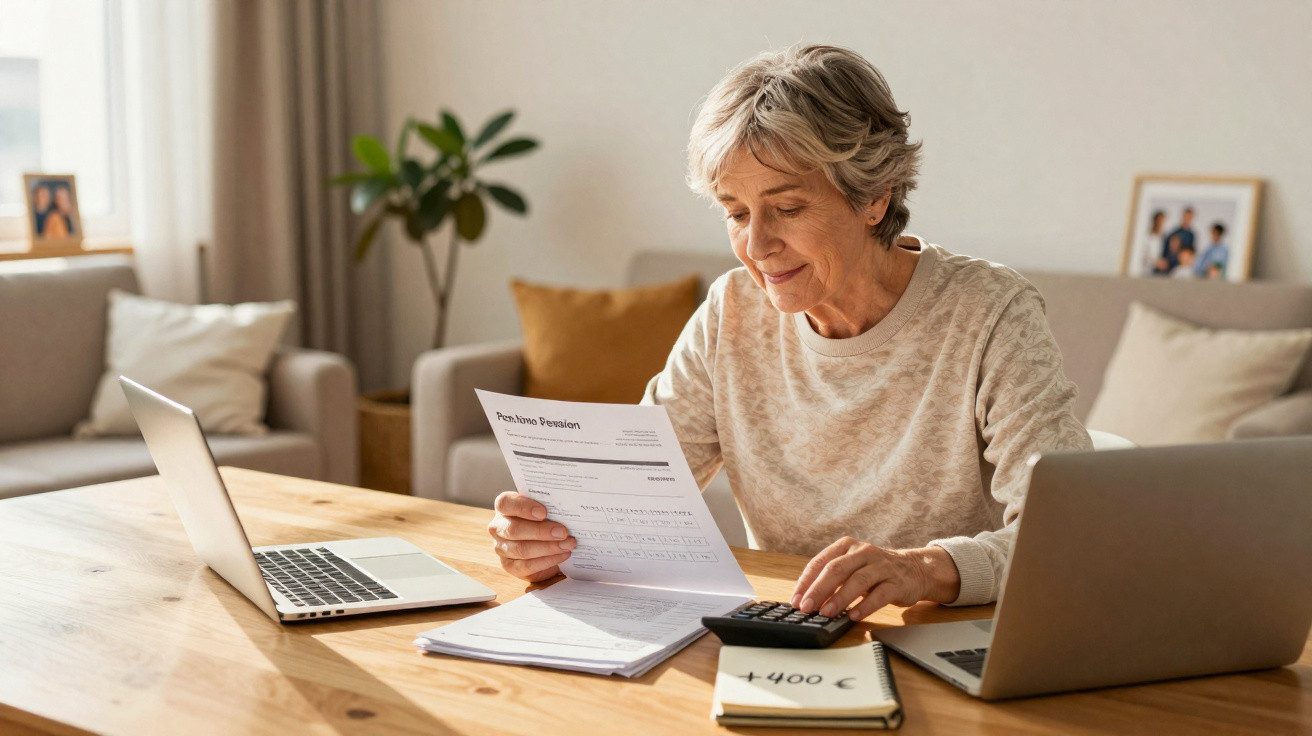 Mulher idosa analisando documentos e calculando despesas em uma mesa com dois notebooks.